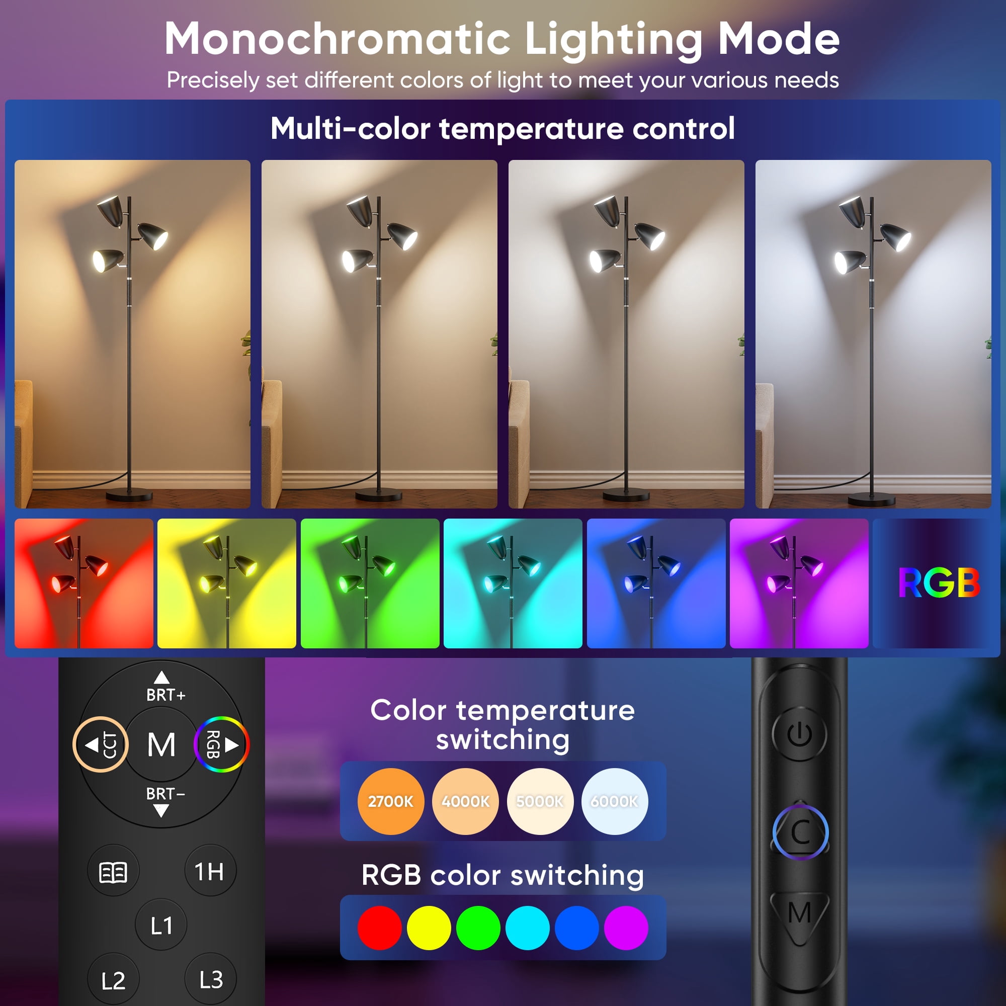 70" Modern Floor Lamp for Living Room, Tree Floor Lamp for Bedroom with 4 Colors Changing& RGB Mode, Remote and Touch Control Stepless Dimmable, Black