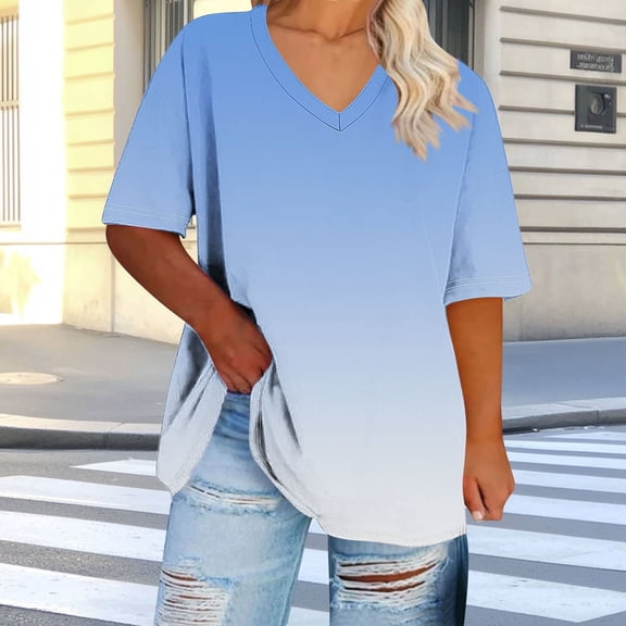 LEKWK T Shirts for Women Plus Size V Neck Short Sleeve Ombre Print Tunic Tops Loose Fit Casual Comfy Summer Tops Fashion Athletic Daily Wear