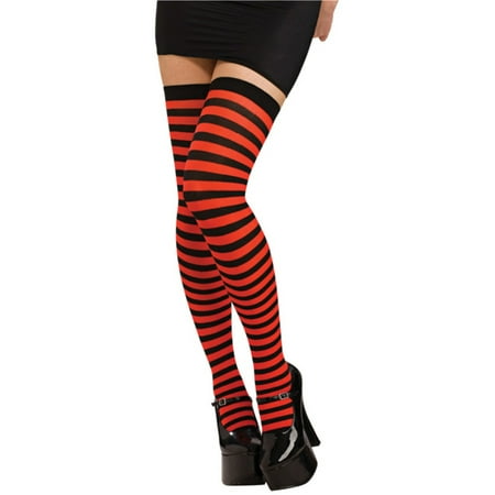 Striped Woven Stockings - Women's Striped Black and Red Thigh Highs Costume Stockings