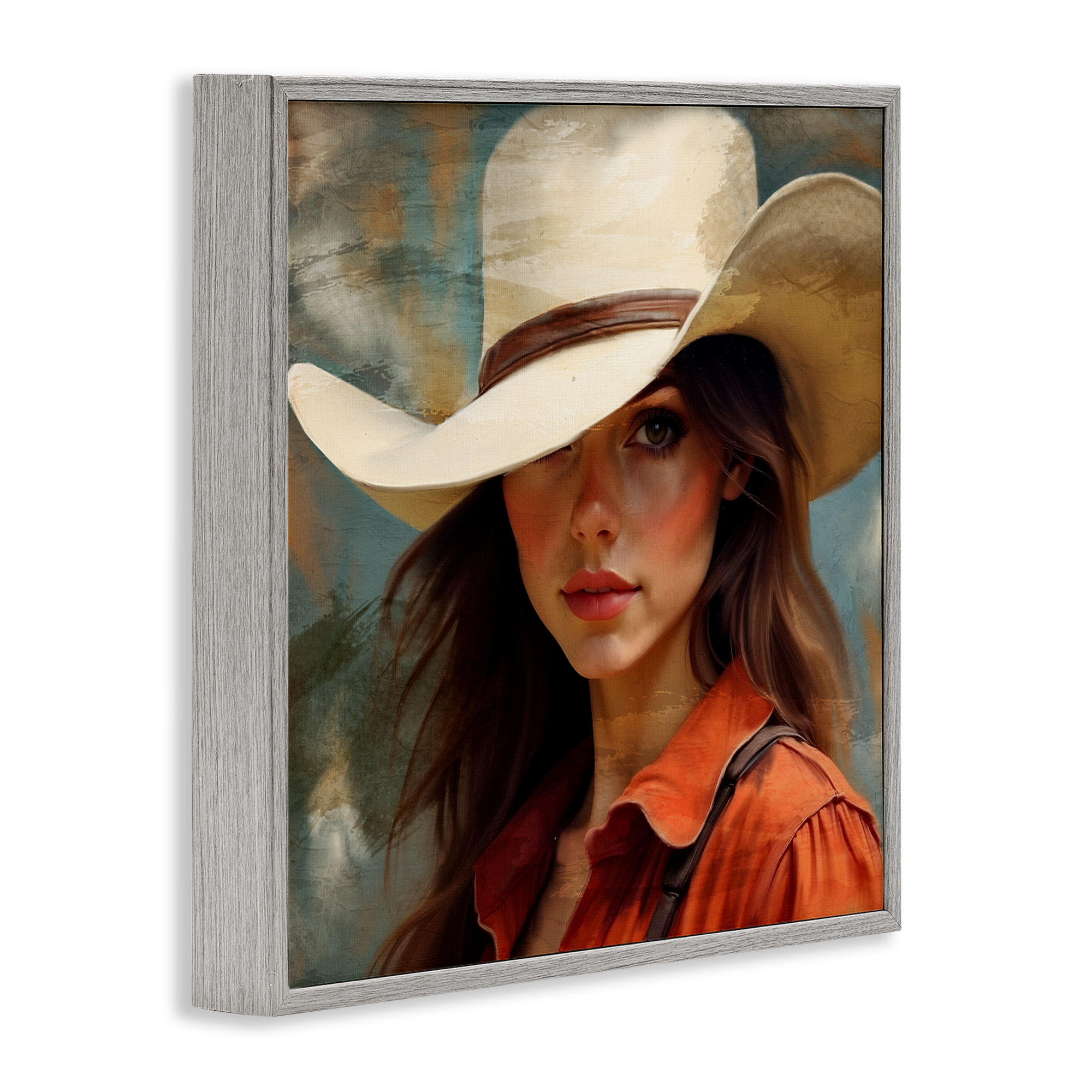 Cowgirl Gaze Beneath Hat Gray Framed Giclee Art, design by Kim Allen