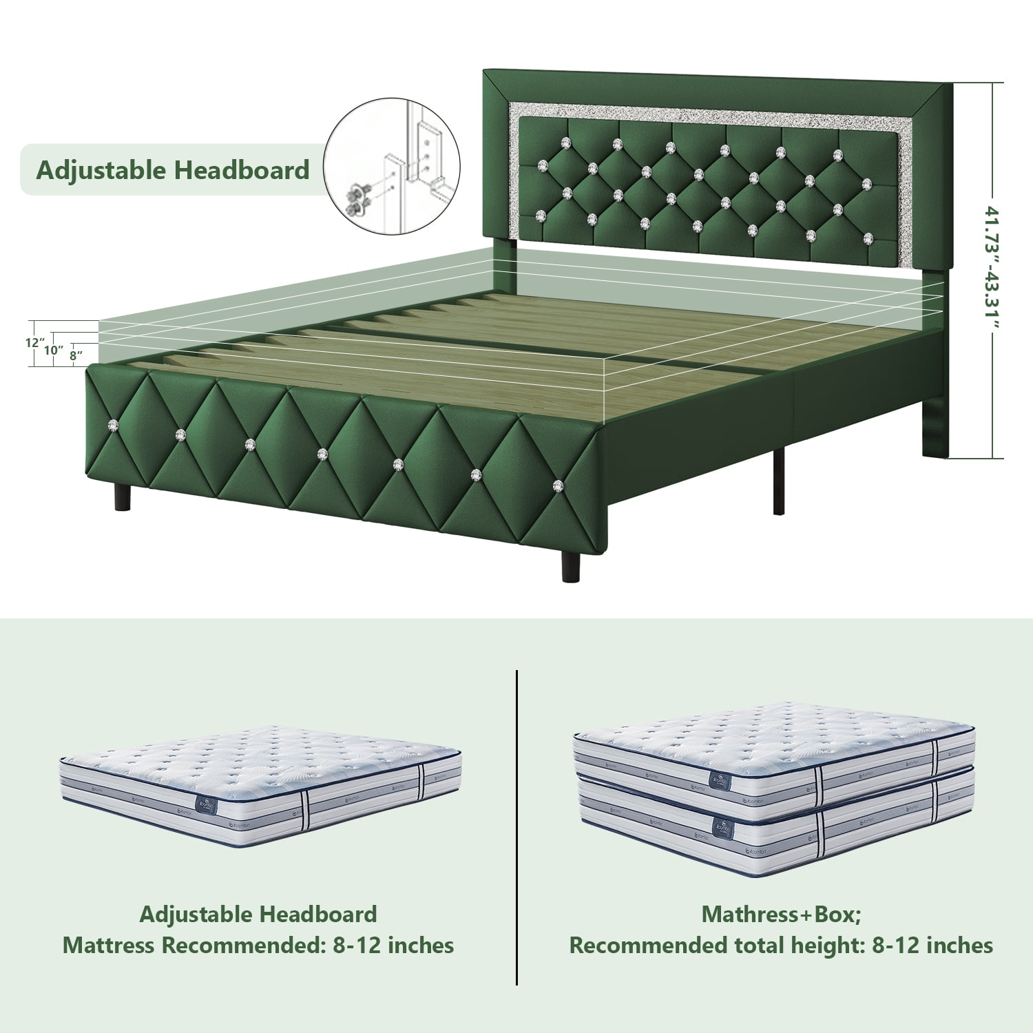 4 EVER WINNER King Bed Frame, Upholstered Platform Bed Frame with Headboard and Footboard, Diamond Headboard and Footboard Design, Green