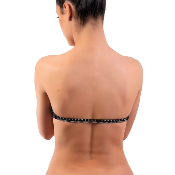 ChicBack Gia, Bra Fashion Accessory, Leather Straps, Studded Accents, Open Back - S - Silver / Black