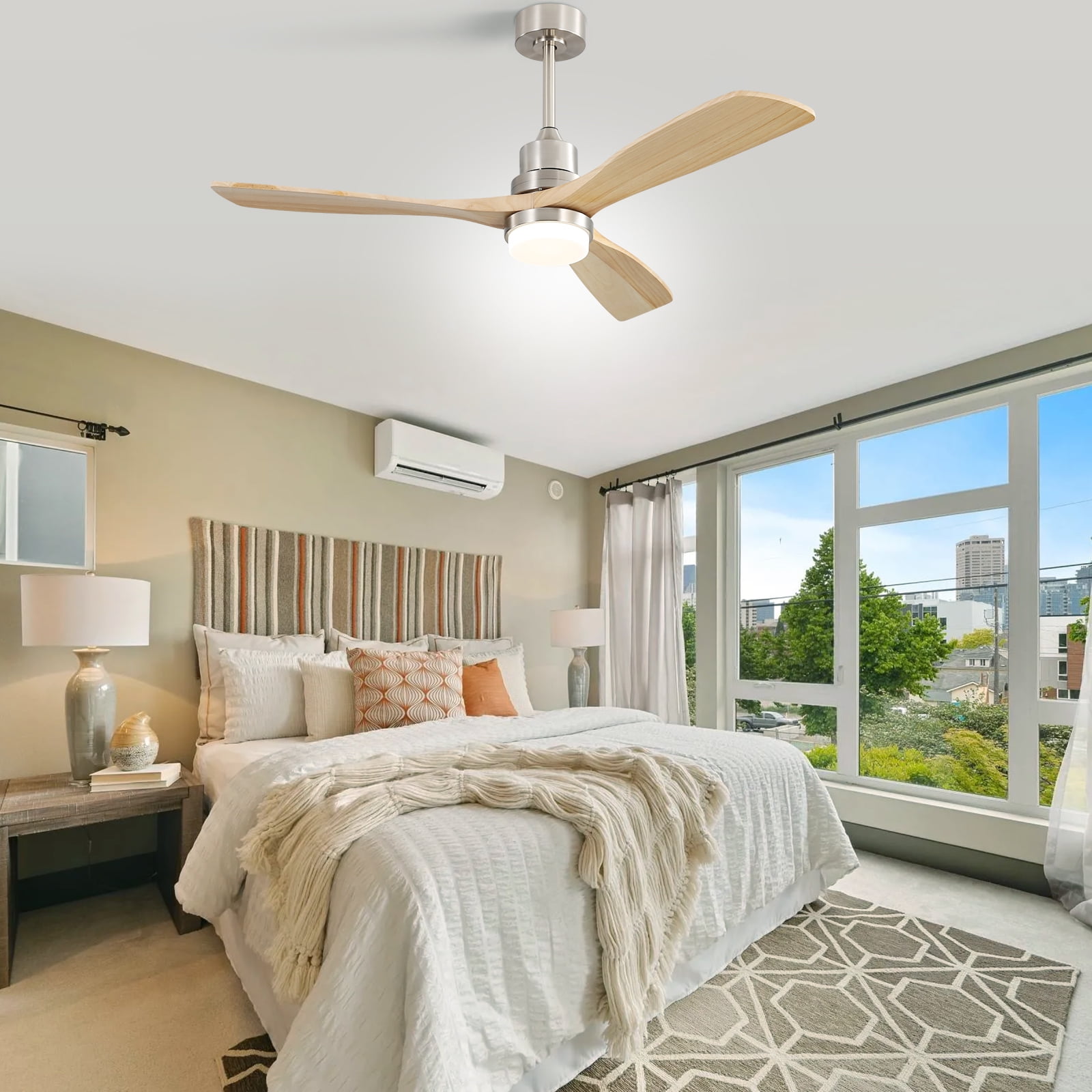 Sofucor 52" Ceiling Fan with Light and Remote, 3 Reversible Burlywood Blades, Nickel Finish"