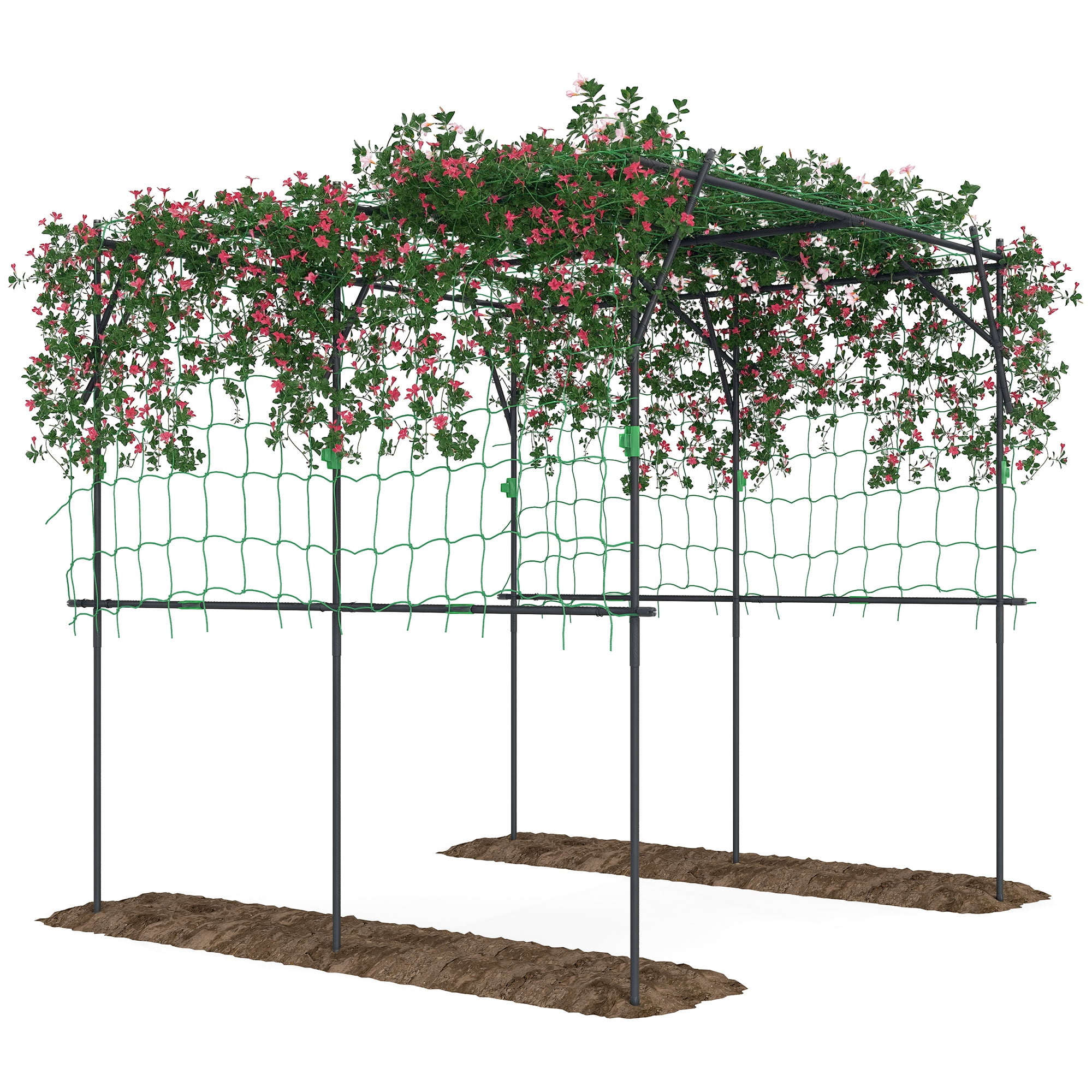 Outsunny Metal Plant Trellis Support, 7.3 FT Tall Cucumber Trellis with Climbing Net, Garden Arch Trellis for Climbing Plants Outdoor, Black