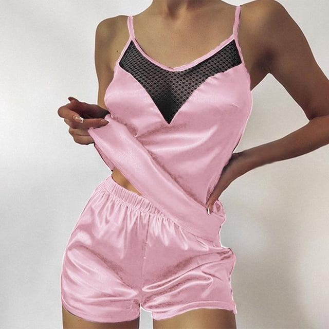 Ensemble de Pyjama pour Femmes T-shirts Shorts Roses en Forme de Cœur Col Rond T-shirt en Soie Glacée Confortable Décontracté Été