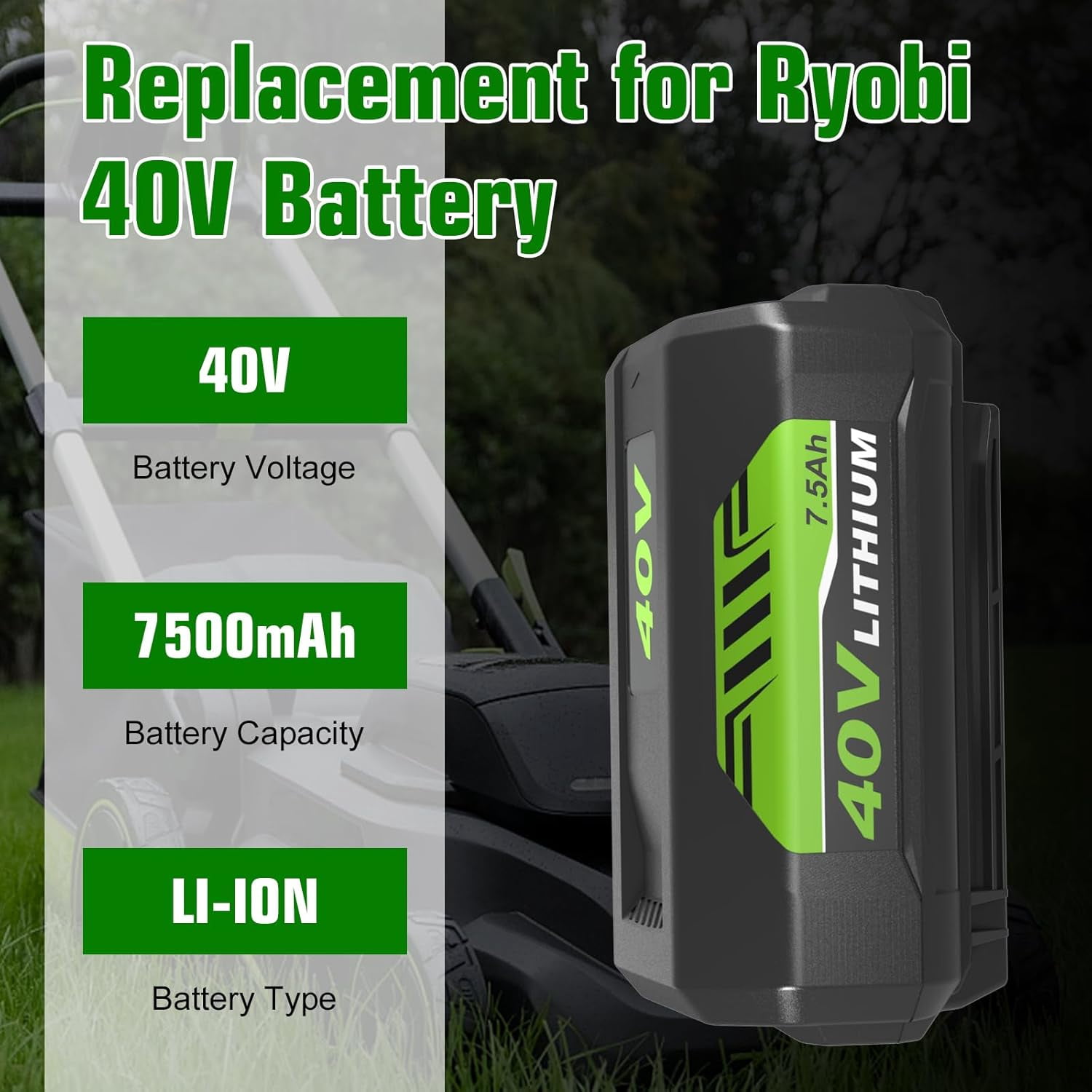 7500mAh High Capacity OP4026 Replacement Battery Compatible with Ryobi 40V Battery Lithium OP4050A OP40601 OP4040 OP4030 OP4050 OP40261 OP40201 OP40401 Cordless Tools with LED Indicator (2 PACK)