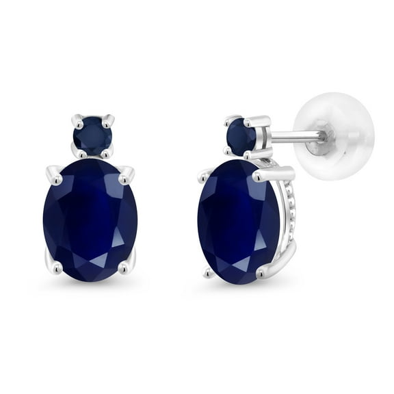 Gem Stone King 14k White Gold Blue Sapphire Earrings for Women (3.78Cttw, GemstoneSeptember Birthstone, Oval 8X6MM, Round 2.5MM)
