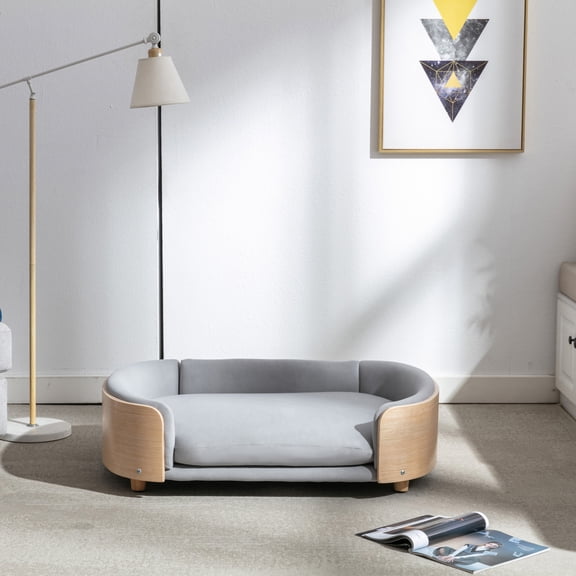 Noble House Scandinavian Elevated Large Dog Bed, Pet Sofa with Solid Wood Frame, Light Gray and Natural