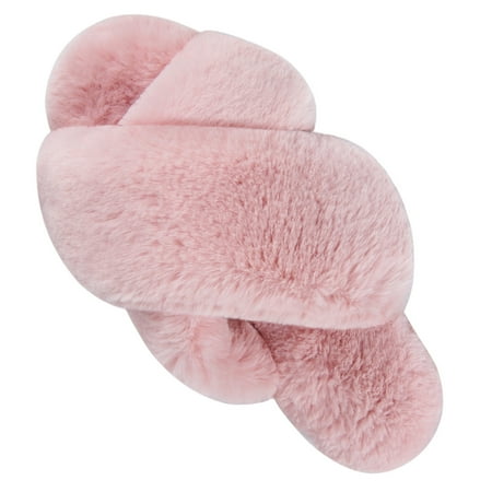 

VONMAY Women s Slippers Plush Cross Band Open Toe Slides Fuzzy SPA House Slippers