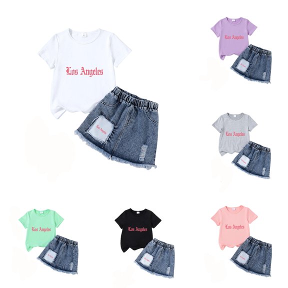 Girls Summer Outfit Sets 2 Piece Short Sleeve Graphic T-shirt & Raw Hem Denim Skirt Spring Summer Casual Girls' Clothing Sets (LA-White 2T-3T)