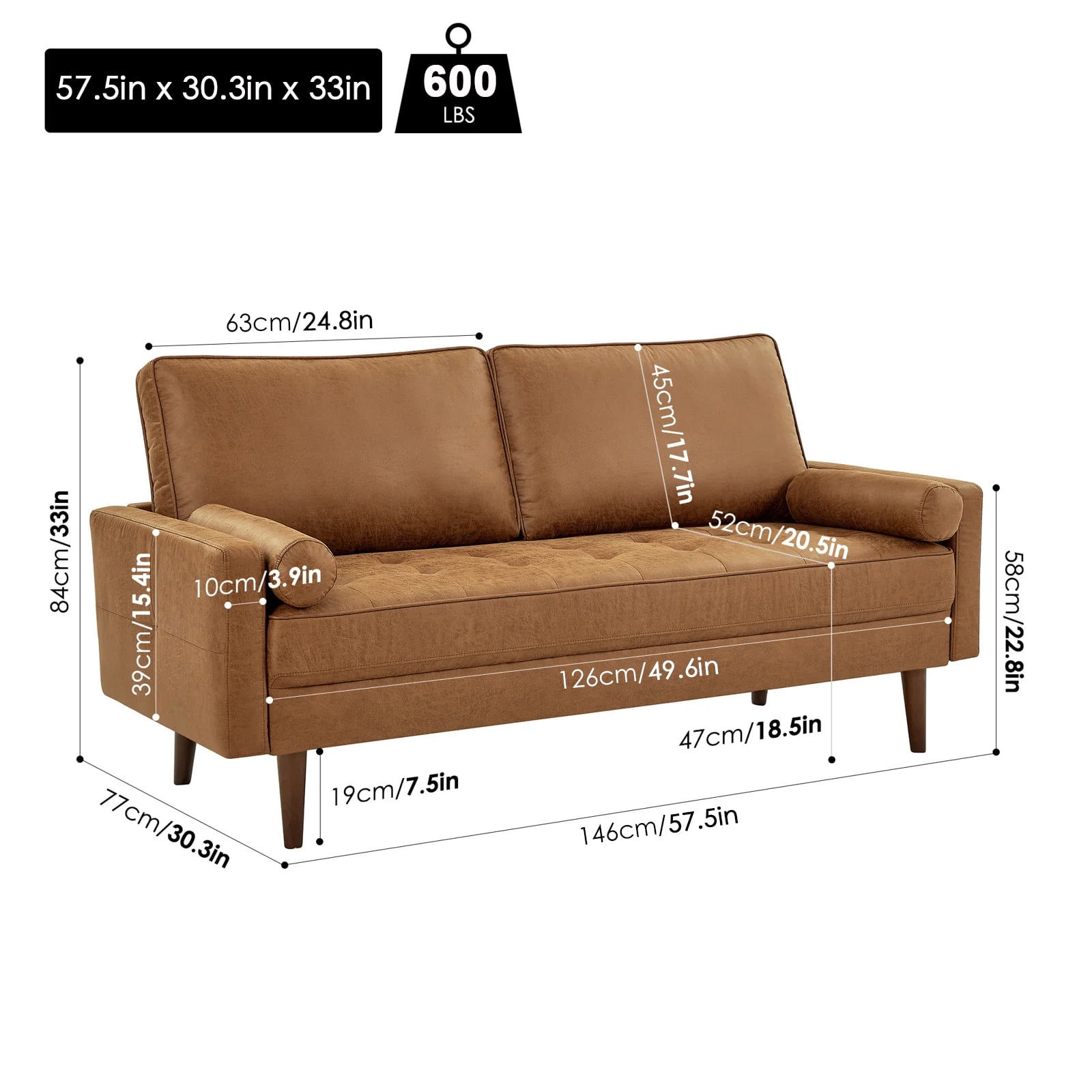 Homfa 2 Seat Leather Sofa with 2 Pillow, 57.5" Mid-Century Modern Loveseat Sofa Upholstered Tufted Couch Small Spaces Furniture for Living Room, Camel