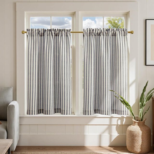 Striped Linen Kitchen Curtains 36 Inches Tier Curtains Farmhouse Modern Cafe Style Small Window Treatments Airy Light Filtering Rod Pocket for Living Room Bathroom 2 Panels Charcoal Grey