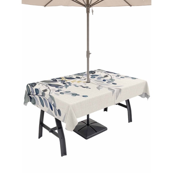 Blue Grey Eucalyptus Outdoor Tablecloth - 54x80 Inch Rectangle Dining Table Cover, Farmhouse Weeping Leaves on Linen Waterproof Outdoor Table Cloth with Umbrella Hole & Zipper for Picnic/Patio/Party