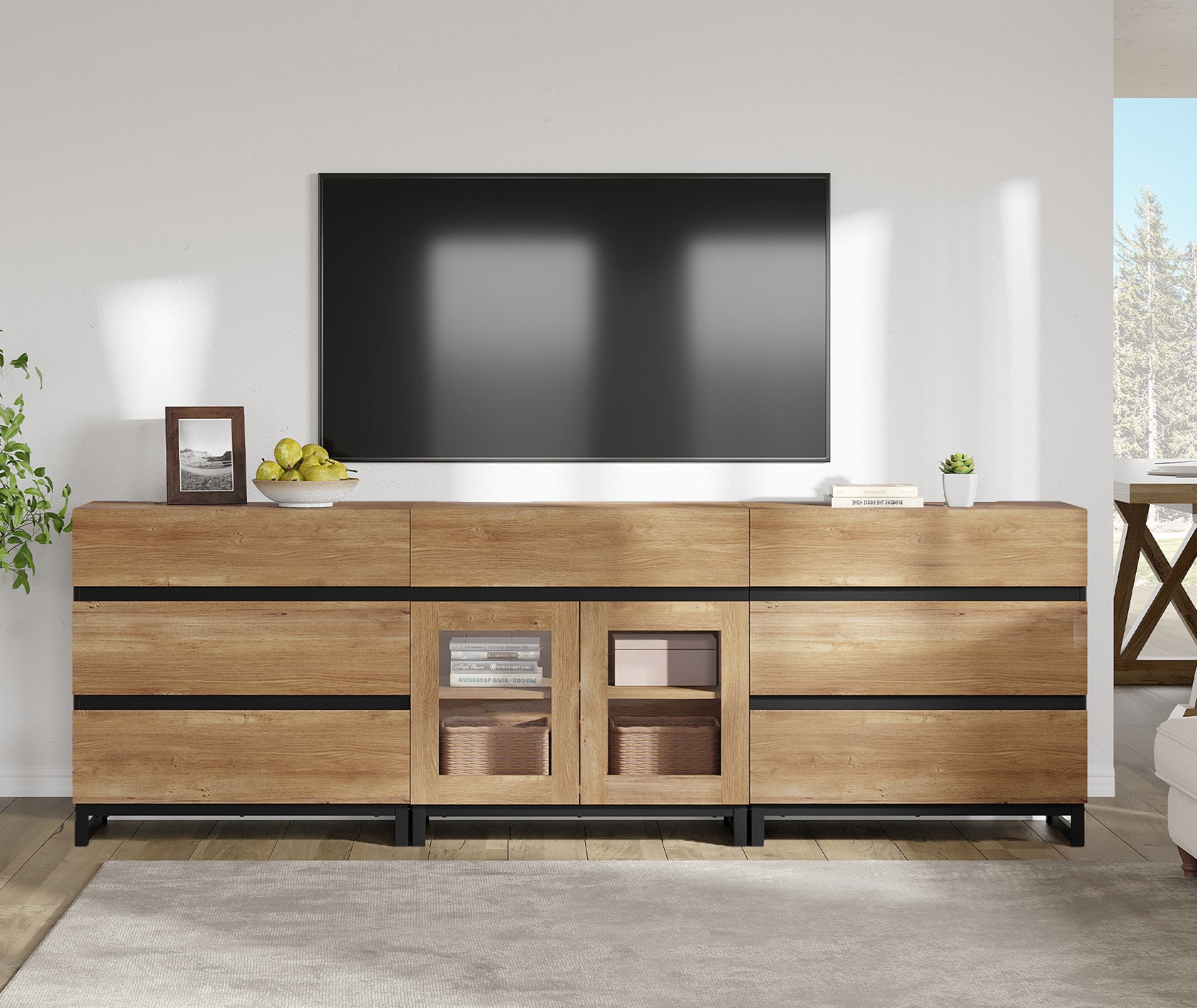 Modern TV Stand For Tvs Up To 100 Inch, 3 In 1 TV Console With Glass Doors And 7 Drawers, Media Console With Adjustable Shelf For Living Room, Bedroom,Oak