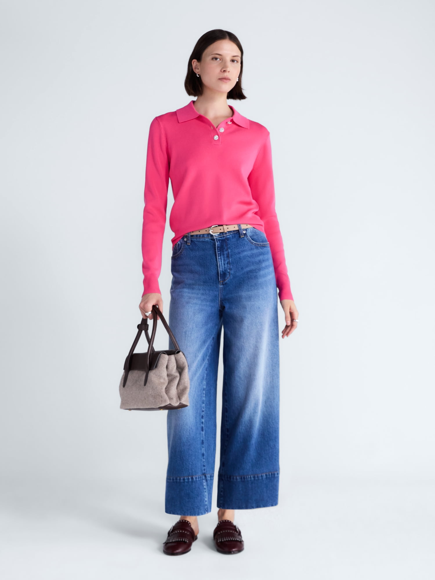 Free Assembly Women's and Women's Plus Polo Sweater with Long Sleeves, Lightweight, Sizes XS-4X