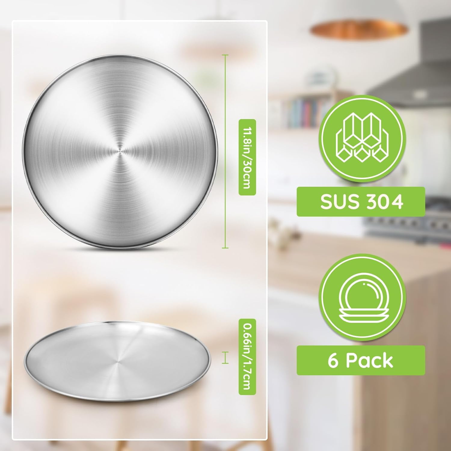 Stainless Steel Plates, 6 Pack 11.8 inch 304(18/8) Metal Food Serving Plate Set, Reusable Snack Eating Dishes Round Shatterproof Plate Silver BBQ Dinner Lunch Dinnerware Oven Dishwasher Safe