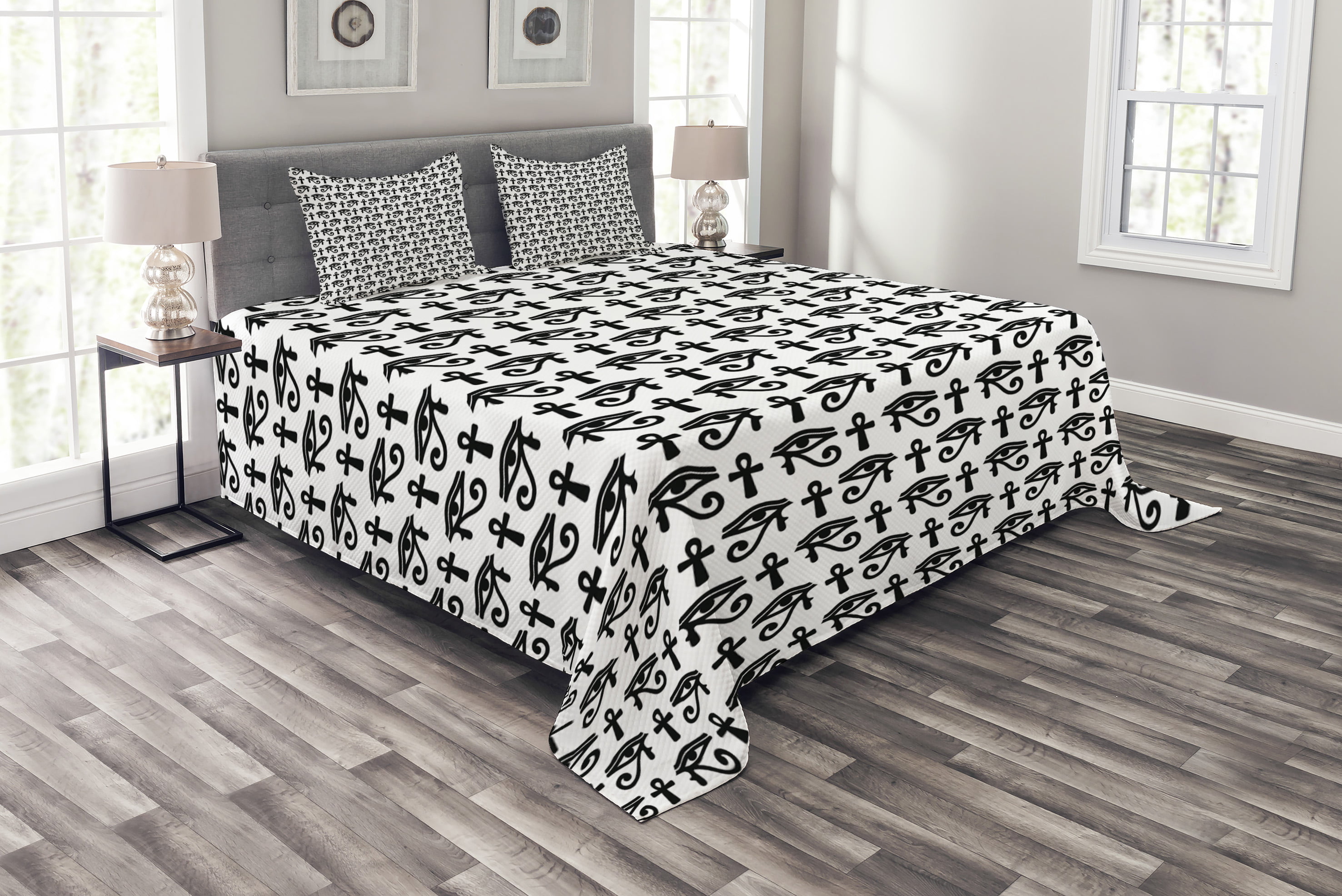 QUILTED EGYPTIAN COTTON BEDSPREAD BED THROW WITH 2 PILLOWSHAMS AND 2 CUSHIONS FITS DOUBLE AND KING SIZE BED BLACK