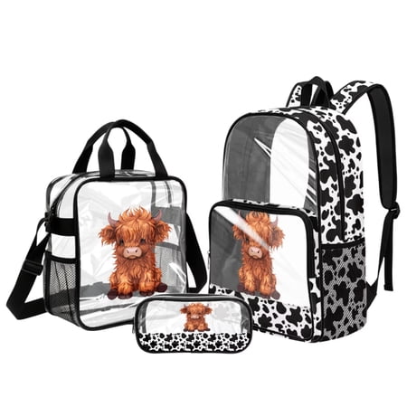 DISNIMO Highland Cow Print Clear Backpack for School, 17 Inch Heavy Duty Transparent Bookbag with Lunch Box and Pencil Case, See Through PVC Backpack for Boys Girls