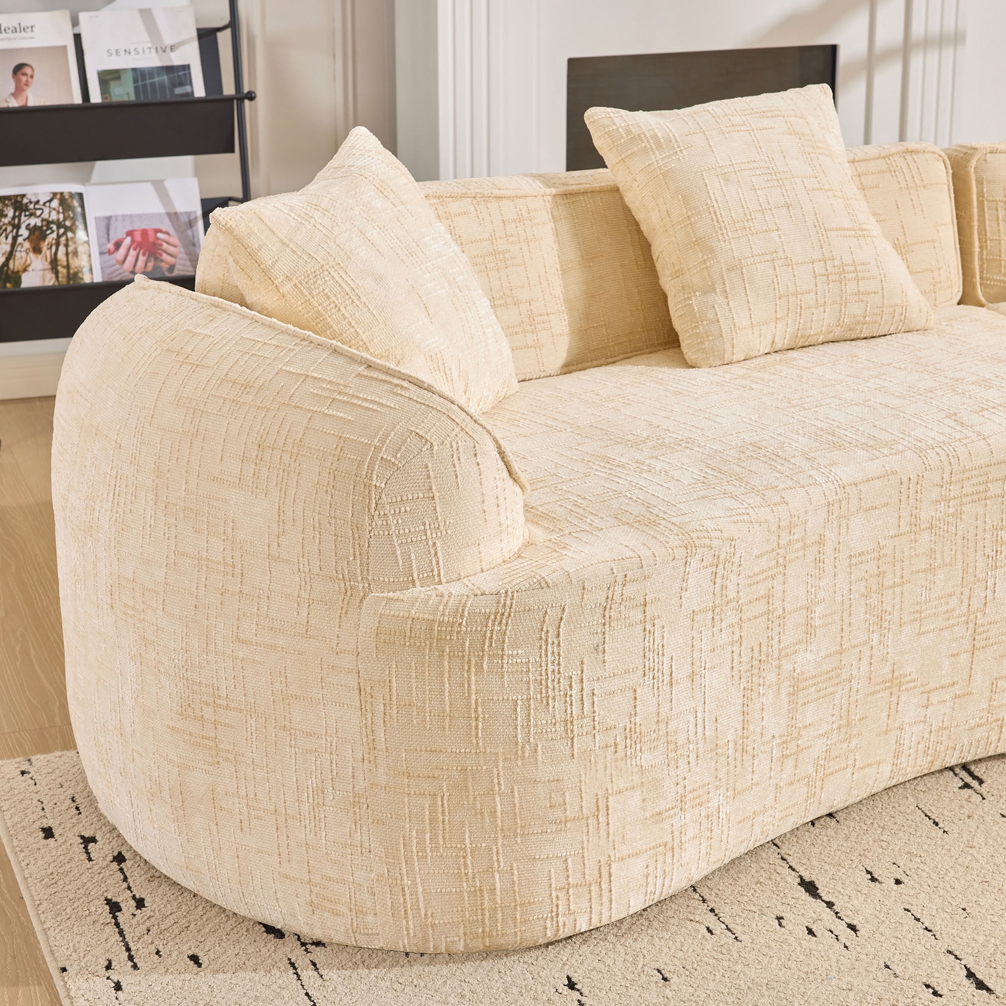 MAYEERTY 4-Seat Curved Compressed Sectional Sofa, Upholstered Cloud Modular Couch with Throw Pillows, No Assembly for Living Room Apartment Small Spaces