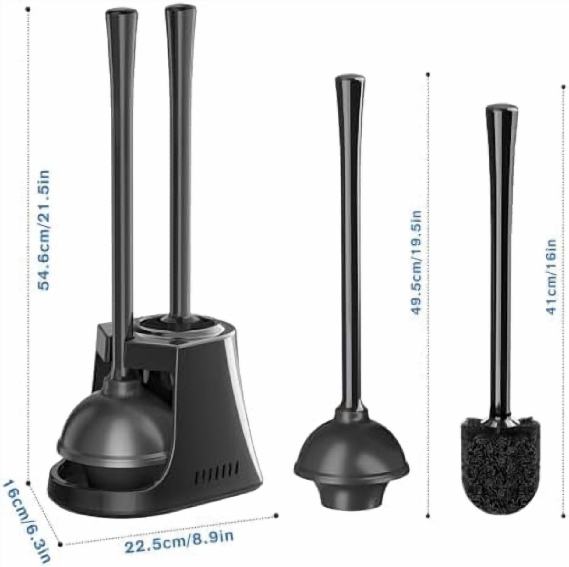 Toilet Plunger and Brush, Bowl Brush and Heavy Duty Toilet Plunger Set with Ventilated Holder, 2-in-1 Toilet Brush and Plunger Combo for Bathroom Cleaning (2, Black)