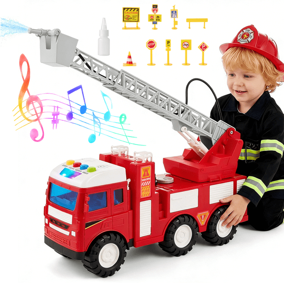 Lictin Fire Truck Toy for Kids, Fire Engine Toys with Water Pump Spray, Extending Ladder, Light & Sound, Fire Rescue Truck Vehicle Toys Gift for Boys & Girls Age 3