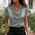 thumbnail image 2 of dazeni Women's Elegant Cowl Neck Satin Shirts Smooth Short Sleeve Lapel Business Blouses Casual Office Work Dressy Tops Army Green Small, 2 of 8