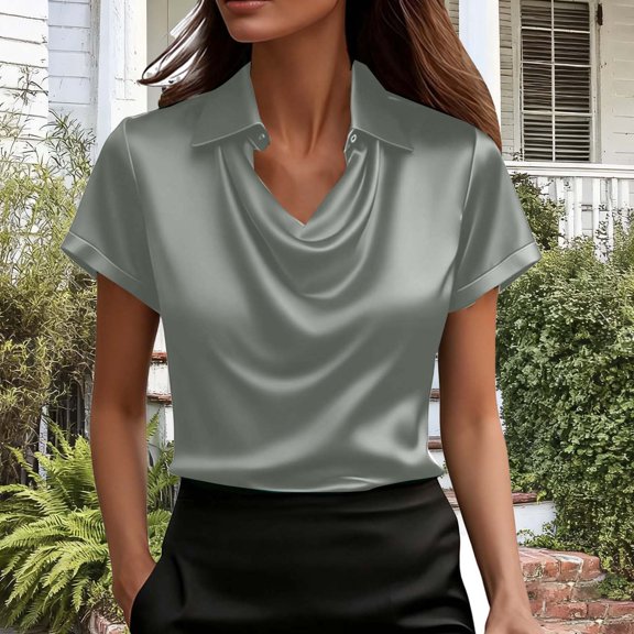 Qulqfy Holiday Blouses for Women Dressy Silk Green Satin Cowl Neck T-Shirt Collared Short Sleeve Shirt women's Tops L