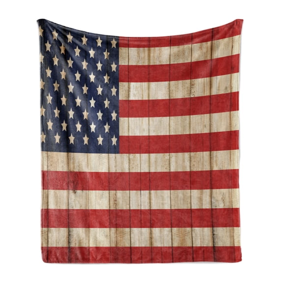 USA Soft Flannel Fleece Throw Blanket, Fourth of July Independence Day Damaged Wooden Fence Looking Freedom, Cozy Plush for Indoor and Outdoor Use, 50" x 60", Cream Red Navy Blue, by Ambesonne