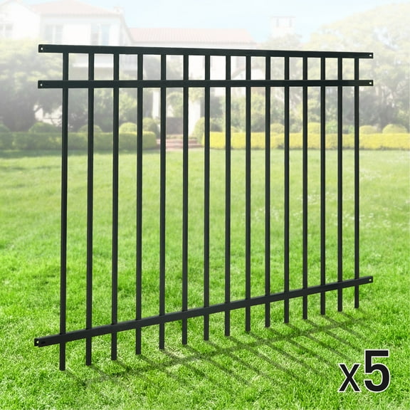 CAPHAUS Heavy Duty Flat Top Fence Barrier Panel, 4FT Height X 6FT Width Anti-Rust Metal Fencing Panel, 2” Diameter Steel Outdoor Decorative Garden Fence Panel for Yard, Pool, Patio, Pack of 5
