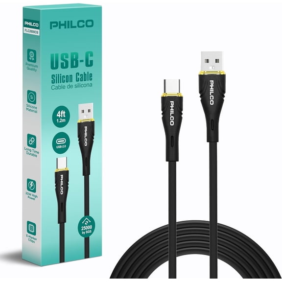 Philco USB to USB C Cable, Type C Charger Cord, 20W Fast Charging USB A to USB C Cable, 4FT Silicone Tangle-Free USBC Black