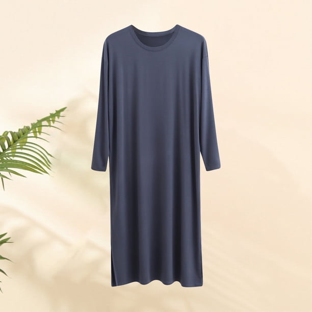 Batas de hombre, camisón de cuello redondo, manga larga, largo hasta la rodilla, agrandado, suave y cómodo, para colgar hacia abajo, color sólido, camisón de hombre, bata de dormir para hombre