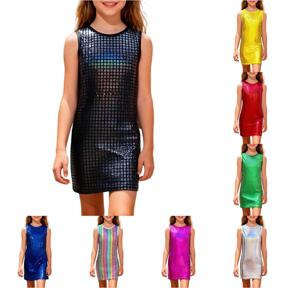 Kids Dress Sleeveless Sequin Printed Modern Playful Colorful Sequin for Casual Charming Dress Set