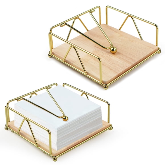 2 PCS Napkin Holder for Table, Gold Napkin Holder with Weighted Arm, Metal Napkin Dispenser with Wood Base, Paper Napkin Holder for Kitchen Restaurant