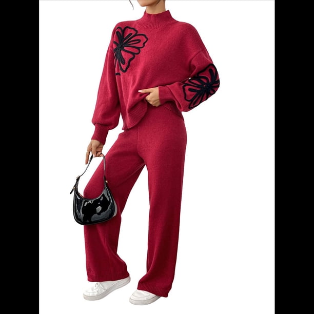 Conjunto de 2 Piezas para Mujer: Jersey de Punto de Larga y Pantalón , Chándal A Juego Rojo L