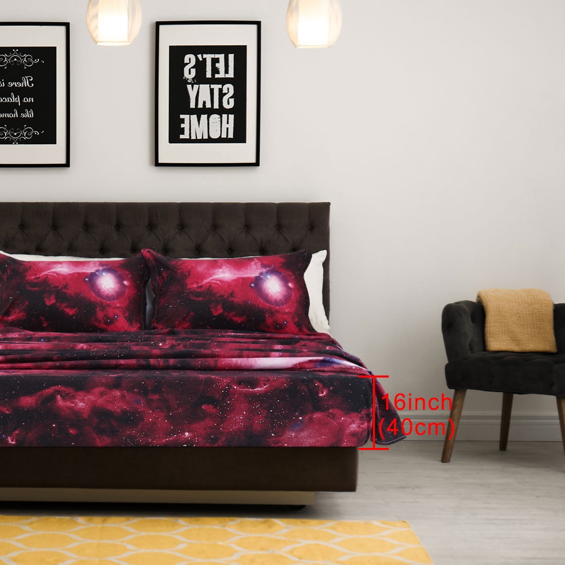 Unique Bargains Galaxy Print Bed Sheets Pillow Cases Bedding Set Red Queen