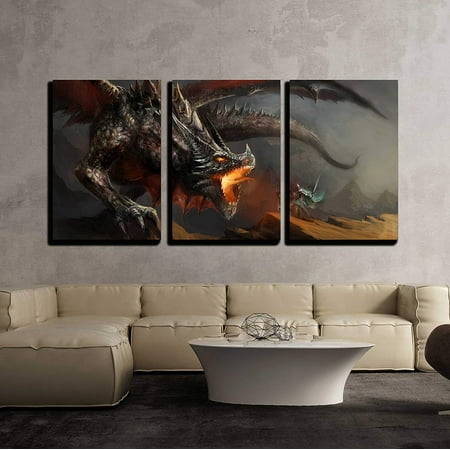 wall26 - 3 Piece Canvas Wall Art - Fantasy Scene Knight Fighting Dragon - Modern Home Decor Stretched and Framed Ready to Hang - 24