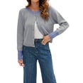 thumbnail image 3 of Women'S Cropped Cardigan Sweaters Fall Long Sleeve Open Front Button Down Color Block Knit Outwear Coats Grey XL, 3 of 8