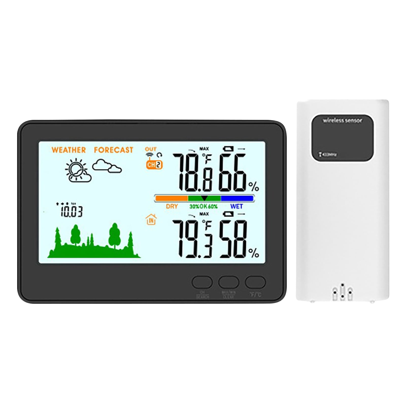 Wireless Indoor Outdoor Weather Station With 433MHz Remote Sensor, LCD Backlit Hygrometer Temperature Humidity Barometric Pressure Monitor; 328ft Range, 24‑Hour High Low Records, Desktop Or Wall Use