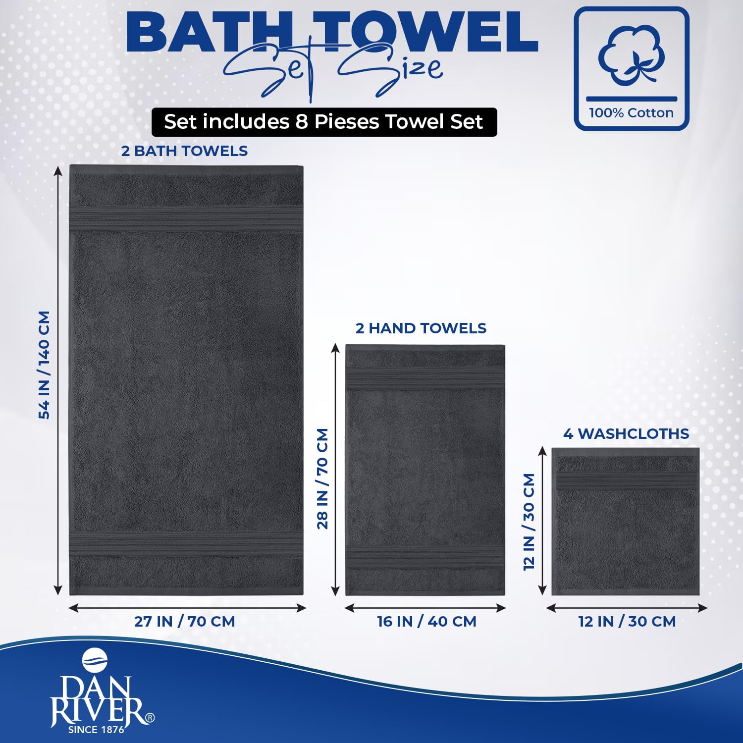 Dan River 8 Piece Towel Set Soft Quick Drying Cotton Bath Towel For Gym, Spa and Bathroom - Charcoal