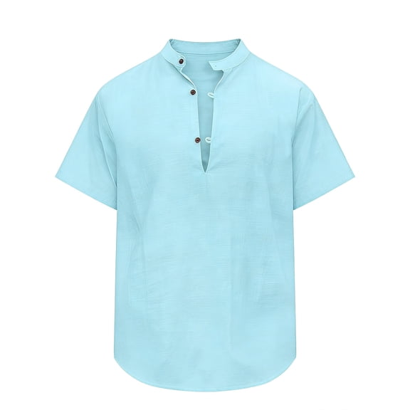 ibuvkizy Linen Mens Short Sleeve Shirts Button Down with Collar Big And Tall Casual Solid Color Crew Neck Breathable Summer Pullover Light Blue,L