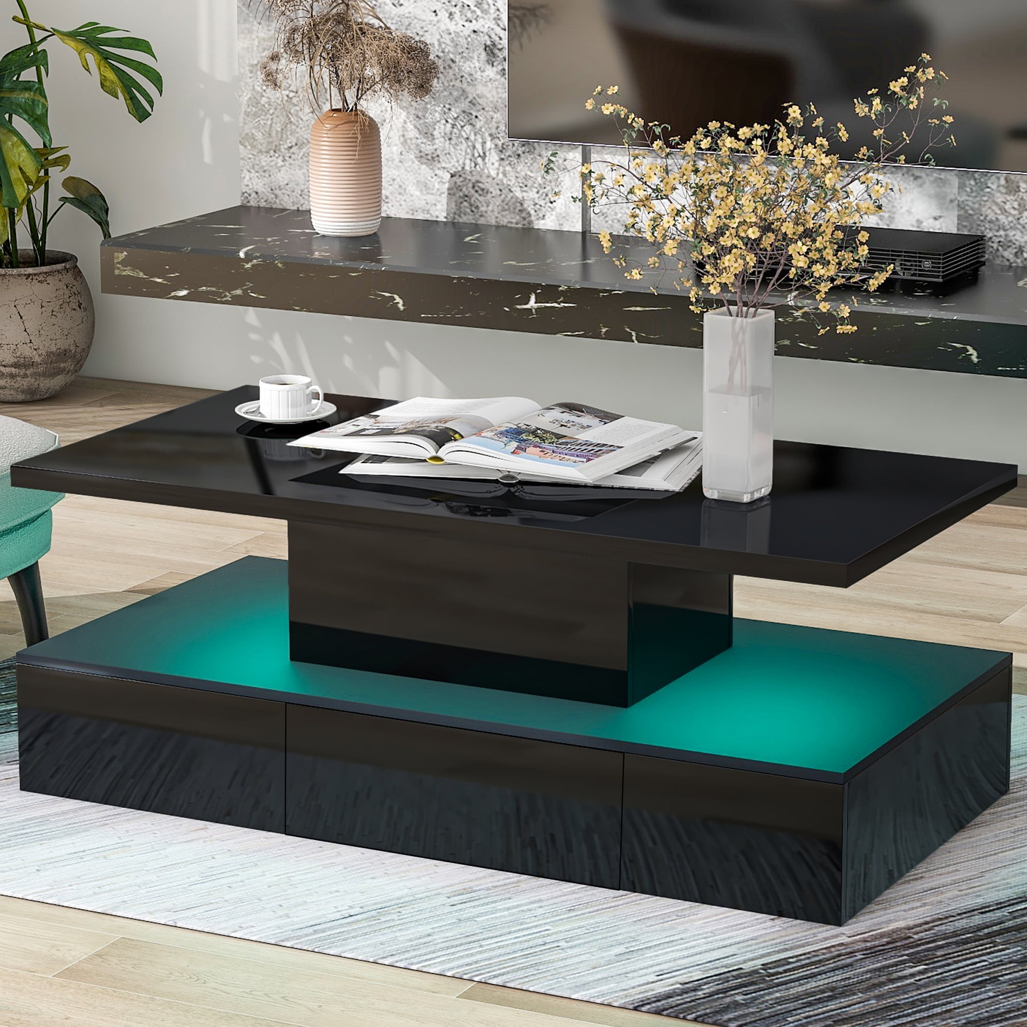 HSUNNS Black LED Coffee Table for Living Room, Modern High Glossy
