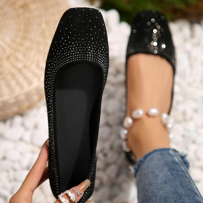 Womens Rhinestones Ballet Flats Black Sparkly Square Toe Dress