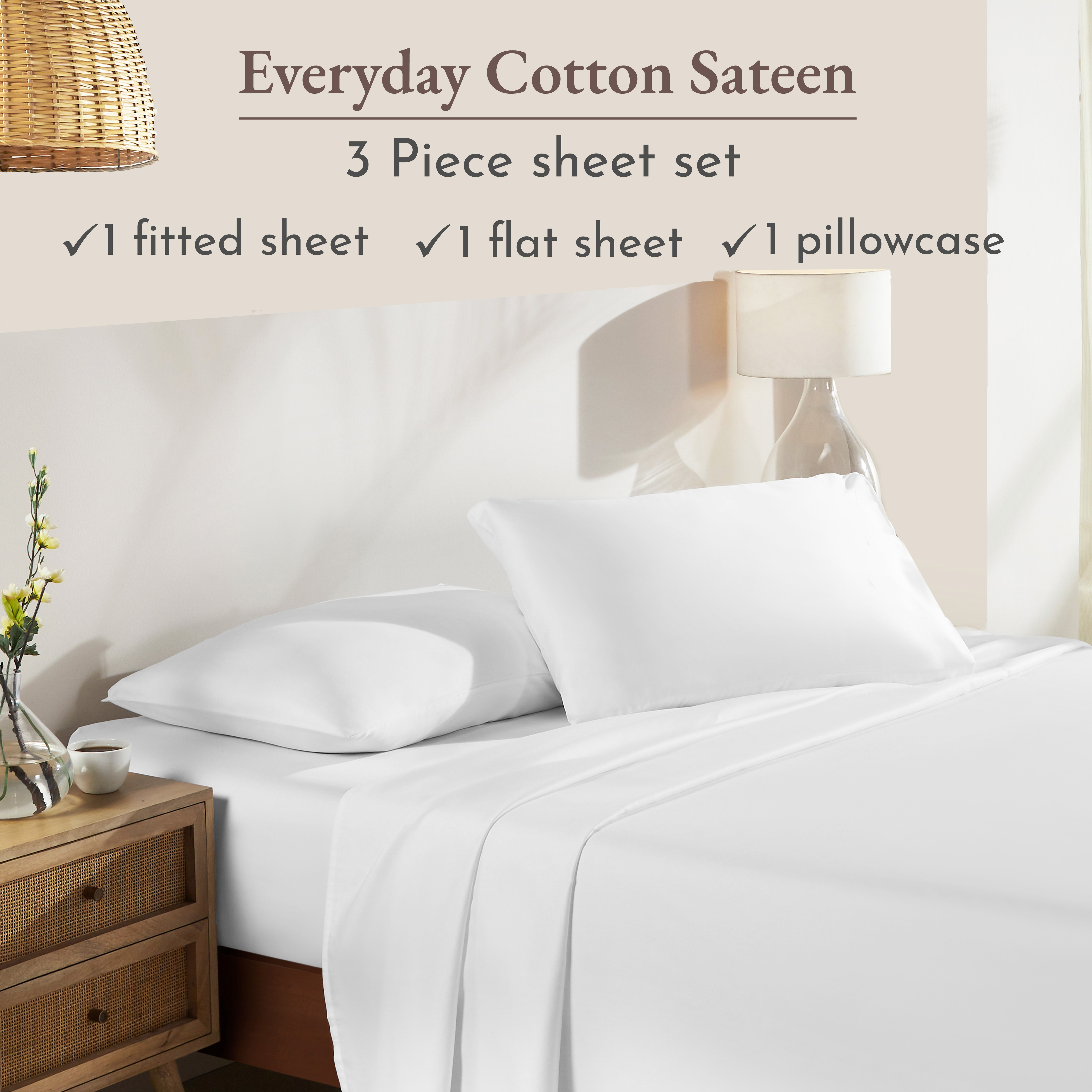 California Design Den, 100% Cotton, 3-Piece Twin Bed Sheet Set, Bright White