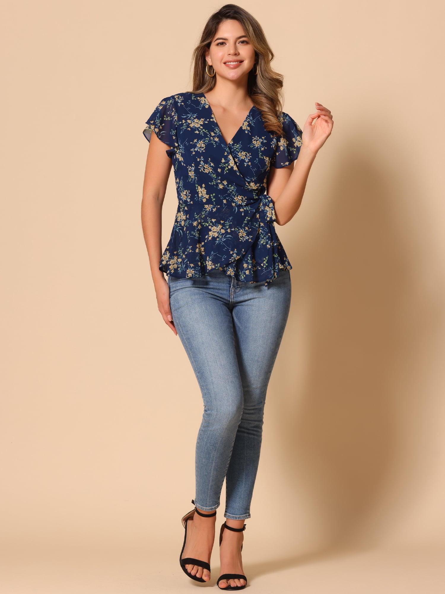 DARING DIVA Floral Wrap V Neck Tie Waist Peplum Blouse L Dark Blue