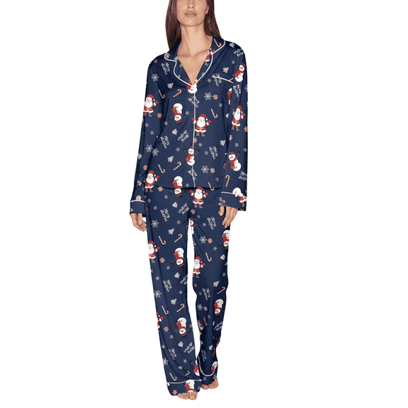 Womens Christmas Pajama Sets Printed Long Sleeve Top with Button Front Pocket Comfy Pants Soft Holiday Sleepwear Pjs Sets for Women Navy L