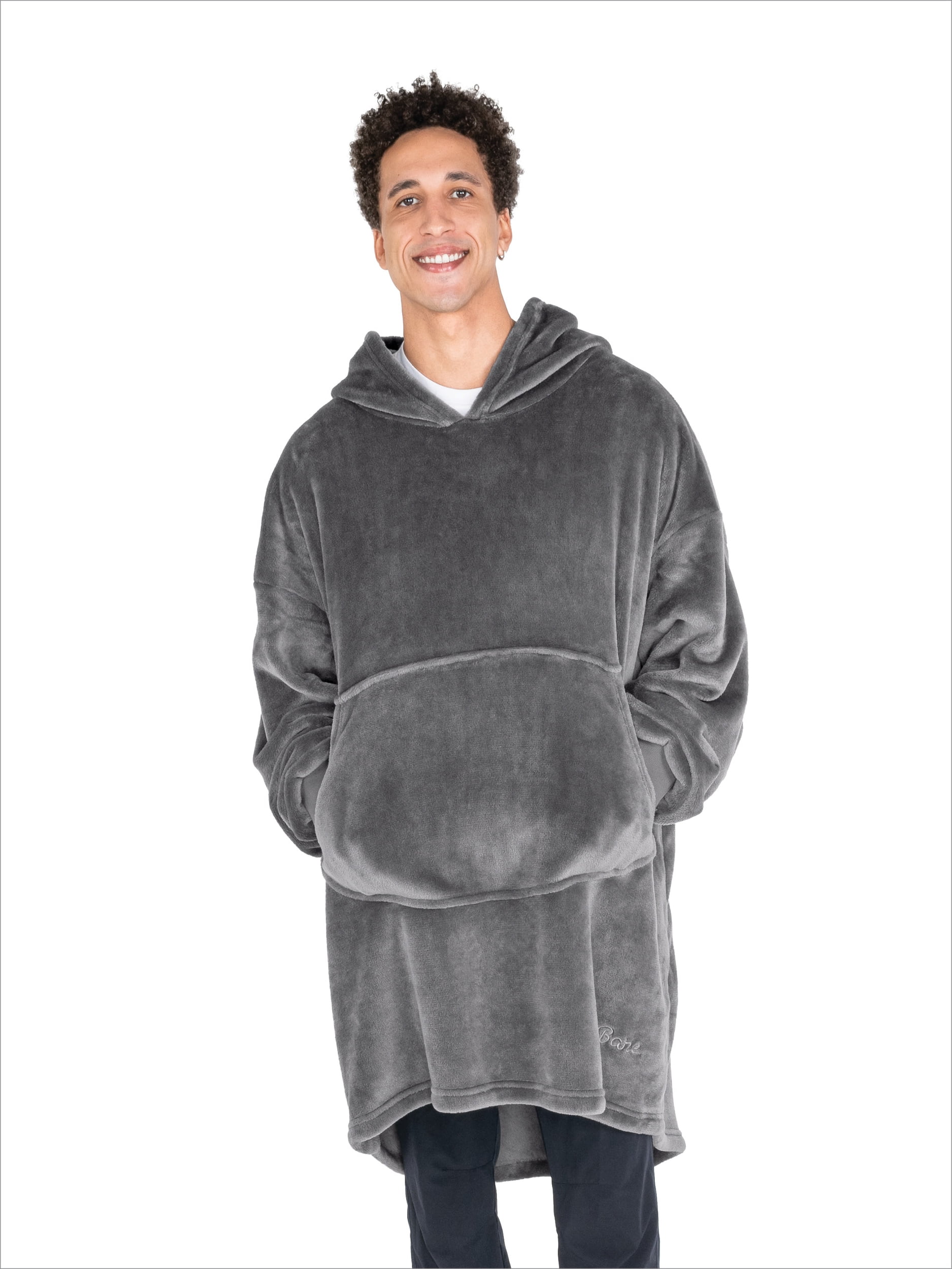 Bare Homey Adult Size Microplush Wearable Blanket, Round Trapezoid Pocket, Gray