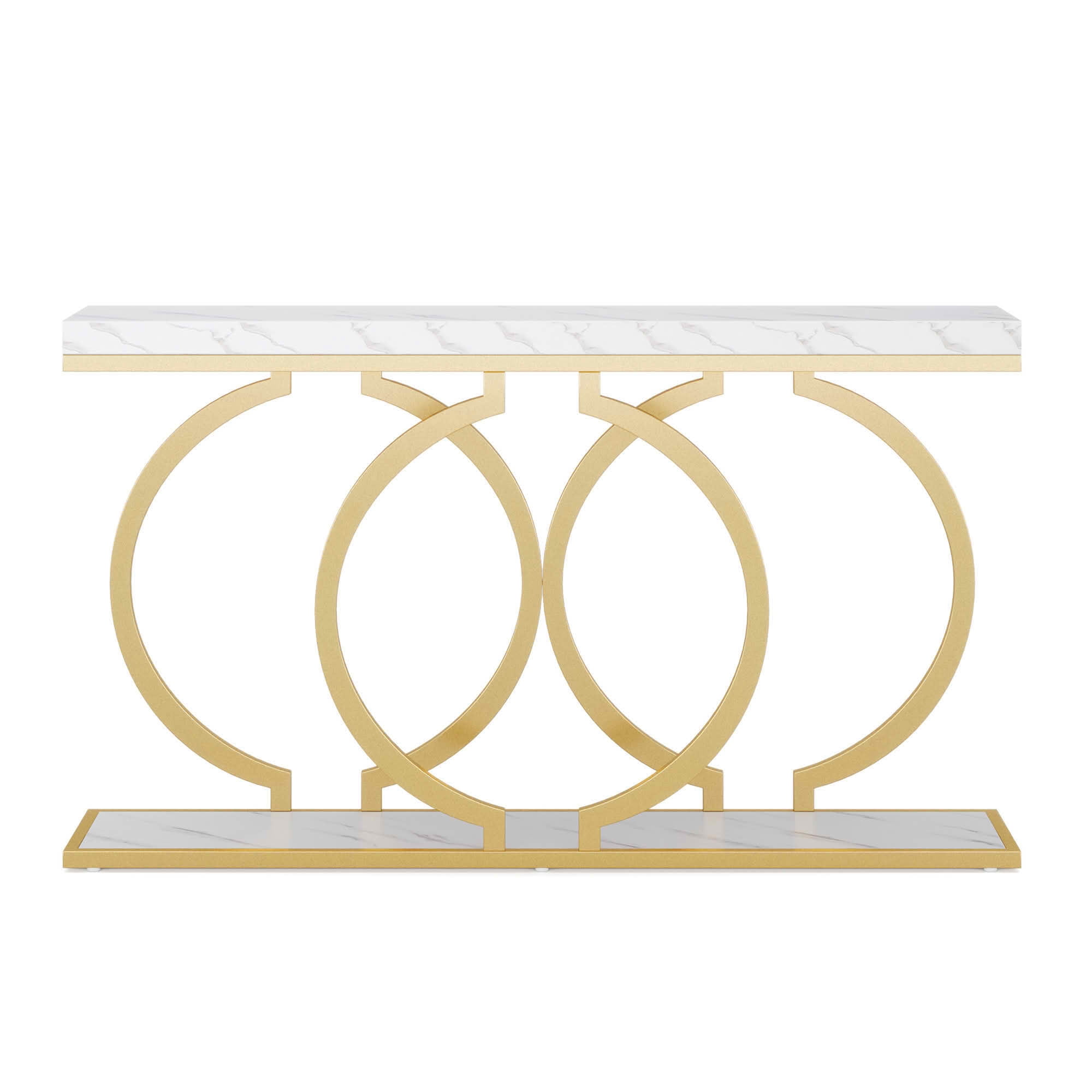 MAYEERTY 55 Inch Light Luxury Faux Marble Console Table, Gold O Geometric Metal Frame Narrow Entry Sofa Display Accent Table