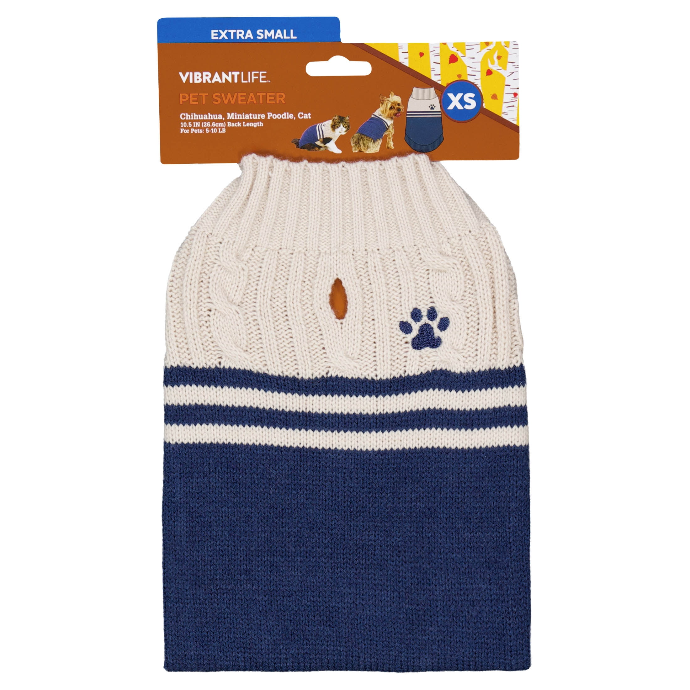 Vibrant Life Cable Knit Sweater for Dogs and Cats, Paw Print, Cream and Navy, XS