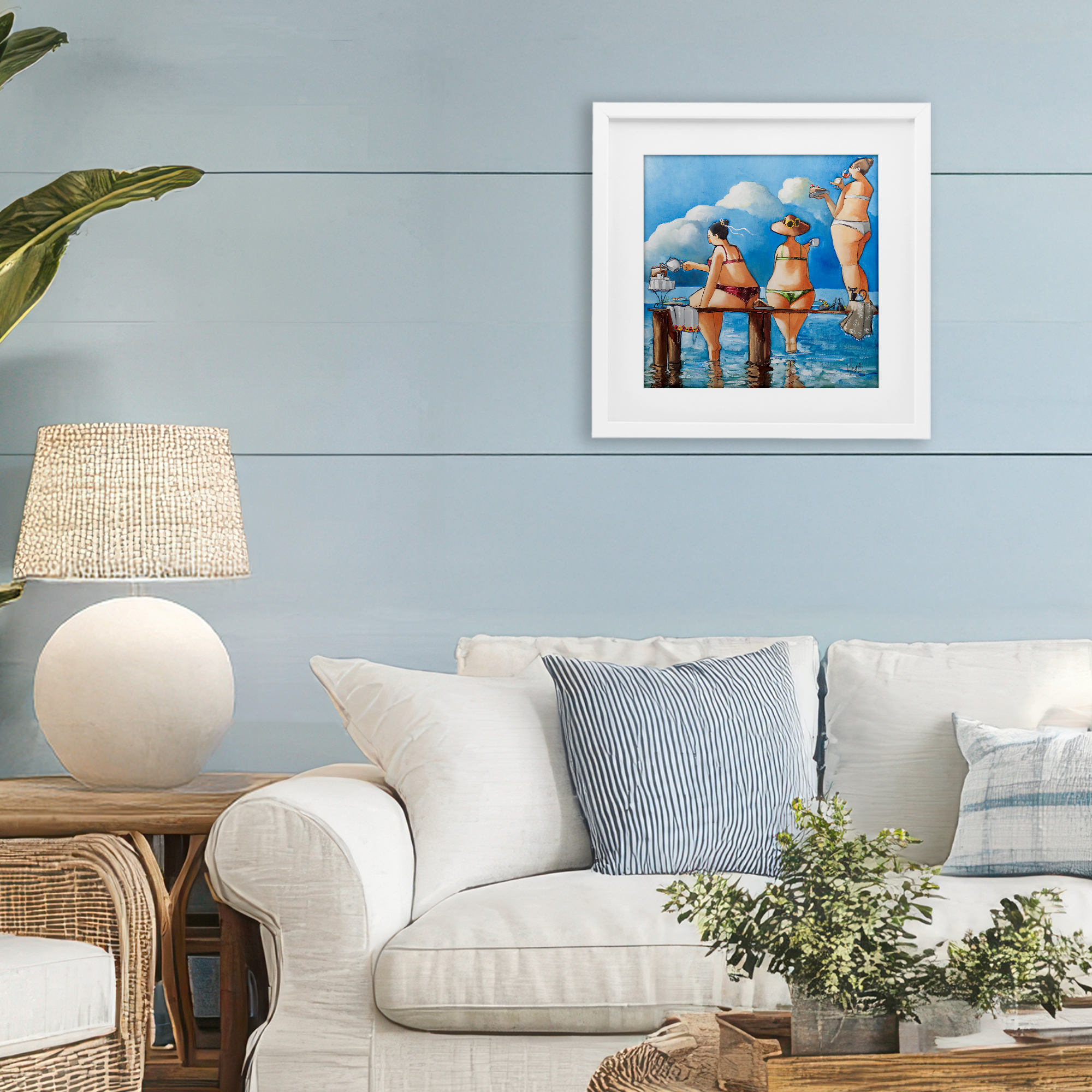 Tea Break On The Jetty White Framed Print Under Glass, design by Ronald West