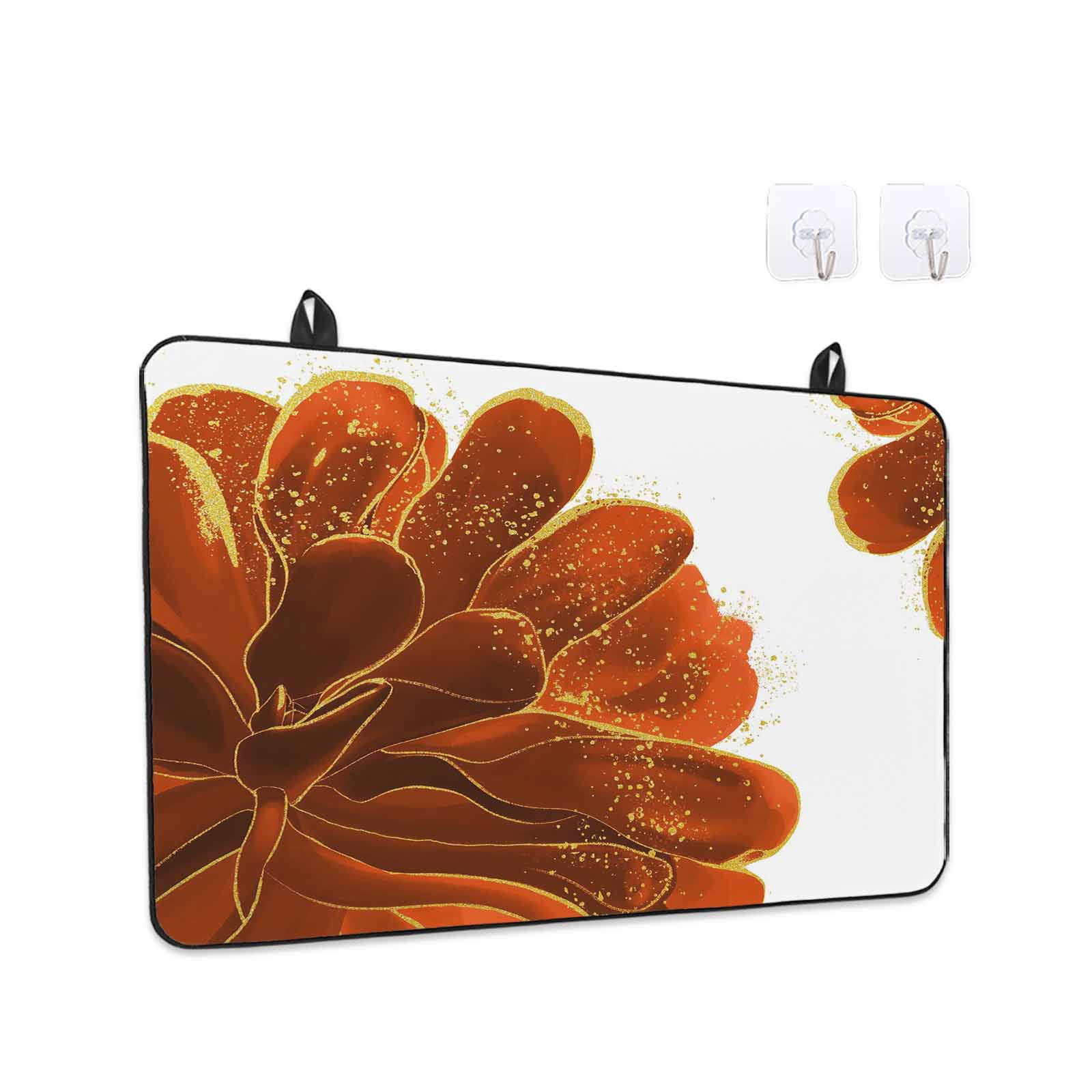 Burnt Orange Stove Top Cover for Electric Stove, Heat-proof & Non Slip Glass Top Stove Cover Protector, Sparkle Gold Stained Floral Flower Art Kitchen Flat Cooktop Rubber Mat 31x24 Inches